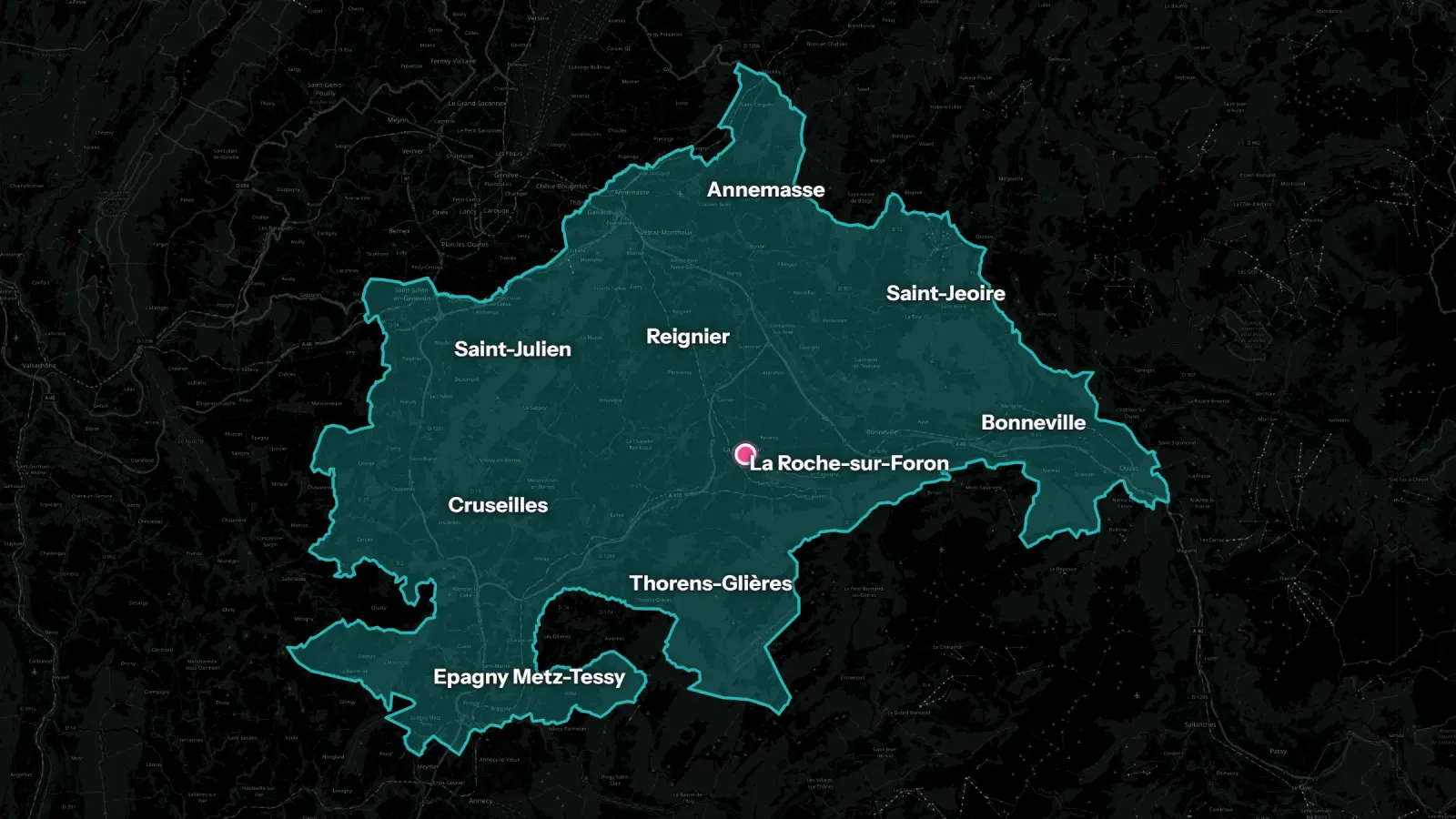 Carte de la zone couverte par Happy Pets en Haute-Savoie : d'Epagny Metz-Tessy à Cluses et de Cruseilles à Annemasse, avec le siège à La Roche-sur-Foron